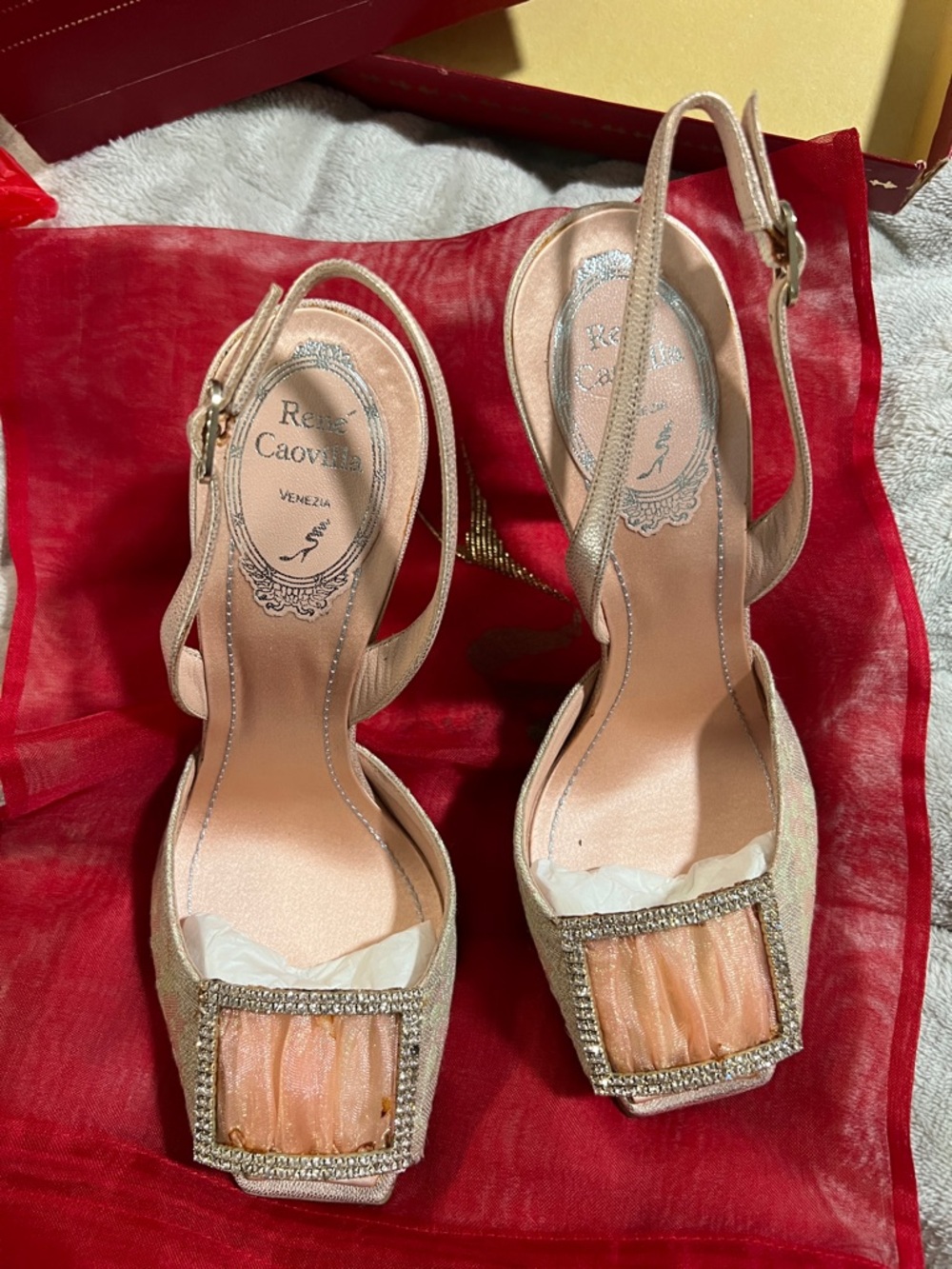 Rene Caovilla Peach Crystal-Buckled Slingback Heels